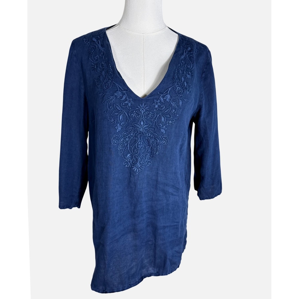 Saint Tropez West Women Navy Blue 100% Linen Embroidered V-Neck Tunic Top Size M